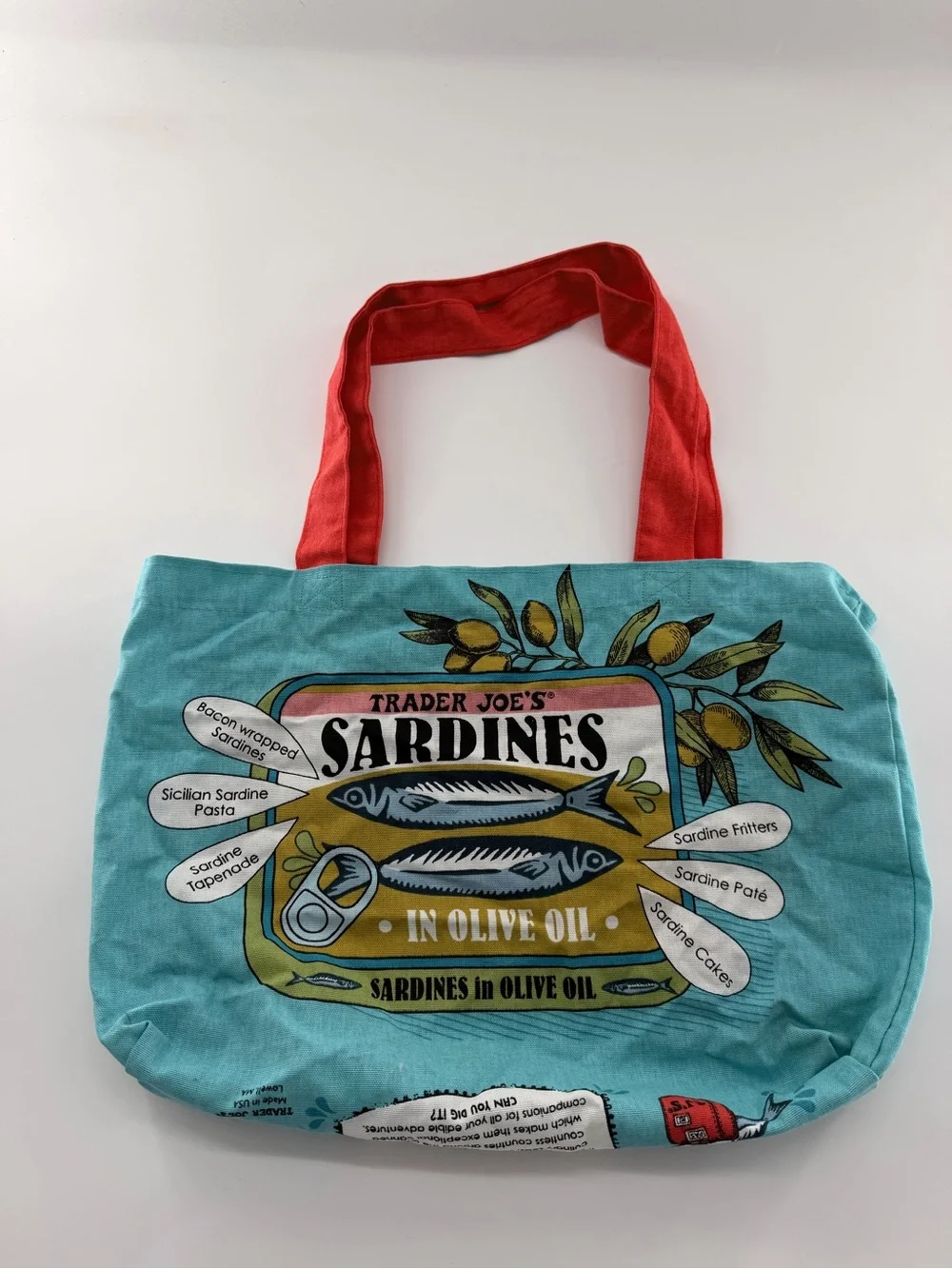 Trader Joe’s Canvas Tote Bag Grocery Sardines Trader Joe Blue Red Fish Fabric